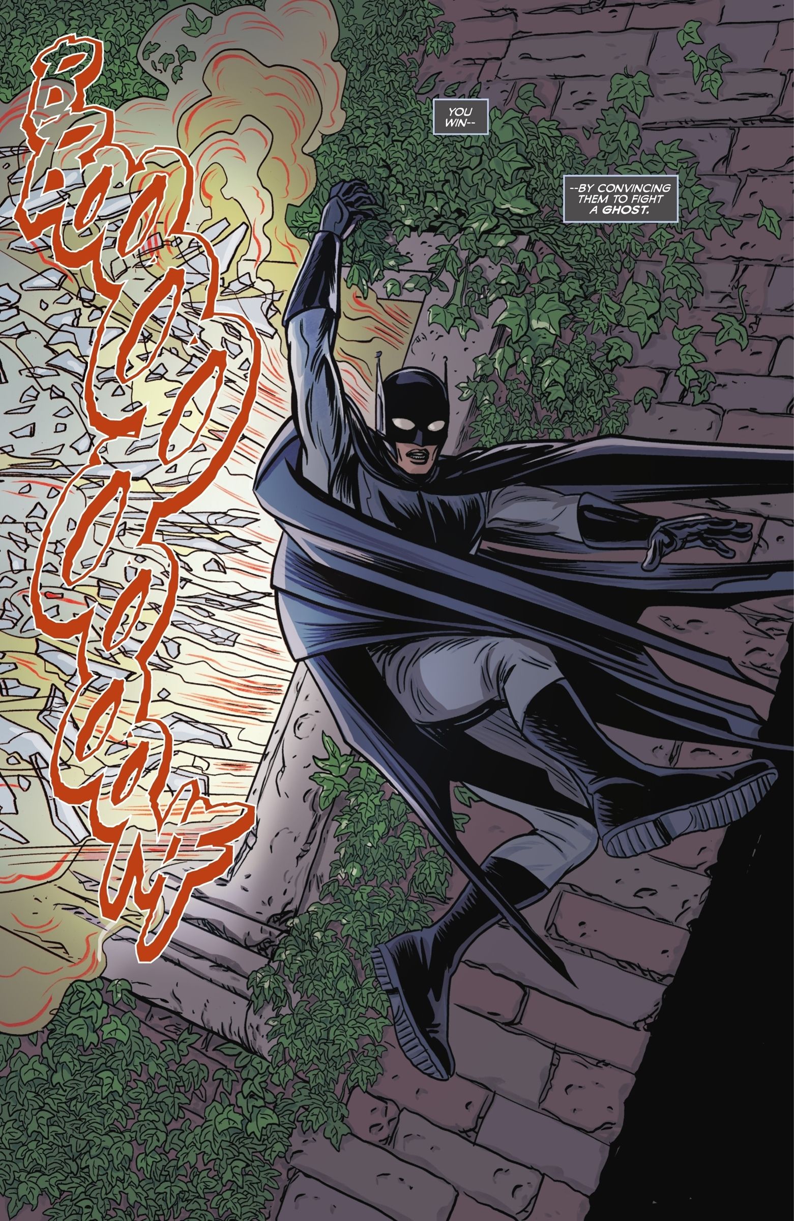 Dark Age Batman in his new original suit swinging away from an explosion
