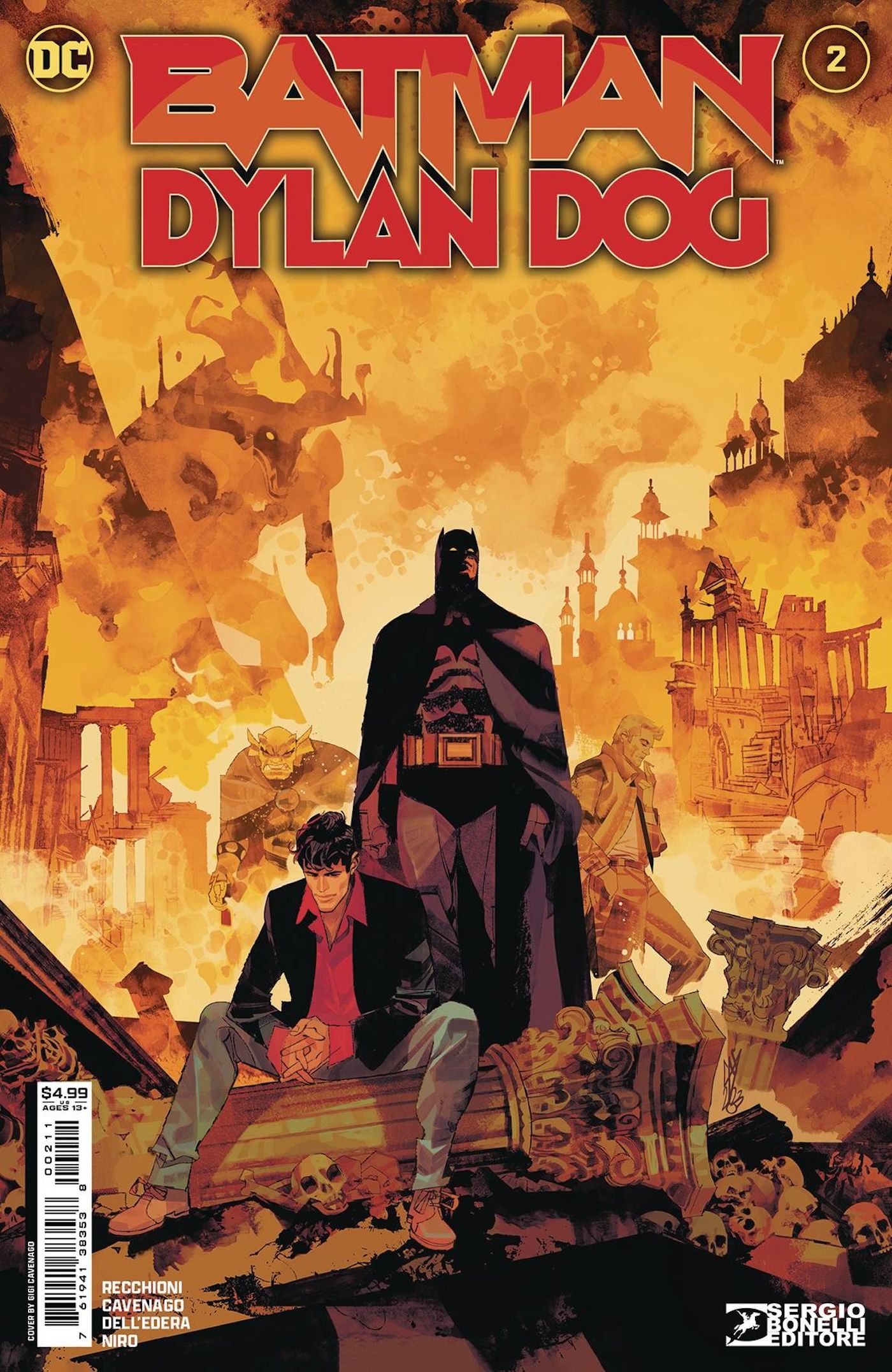 Batman Dylan Dog 2 Main Cover: Batman and Dylan Dog pose in front of a city on fire.