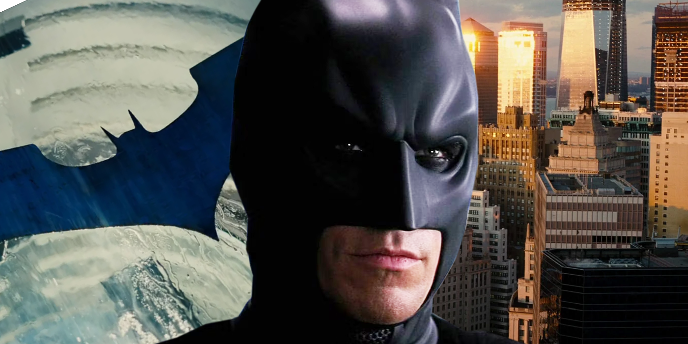 Batman in The Dark Knight flanked by images of Gotham City and the Bat Signal from the same movie