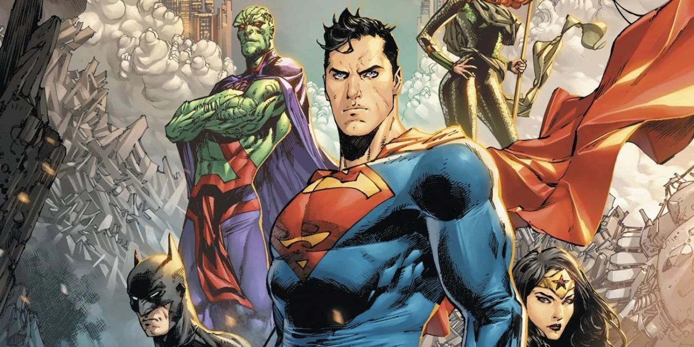 Comic book art: the Justice League poses featuring Superman, Martian Manhunter, Batman, and Wonder Woman