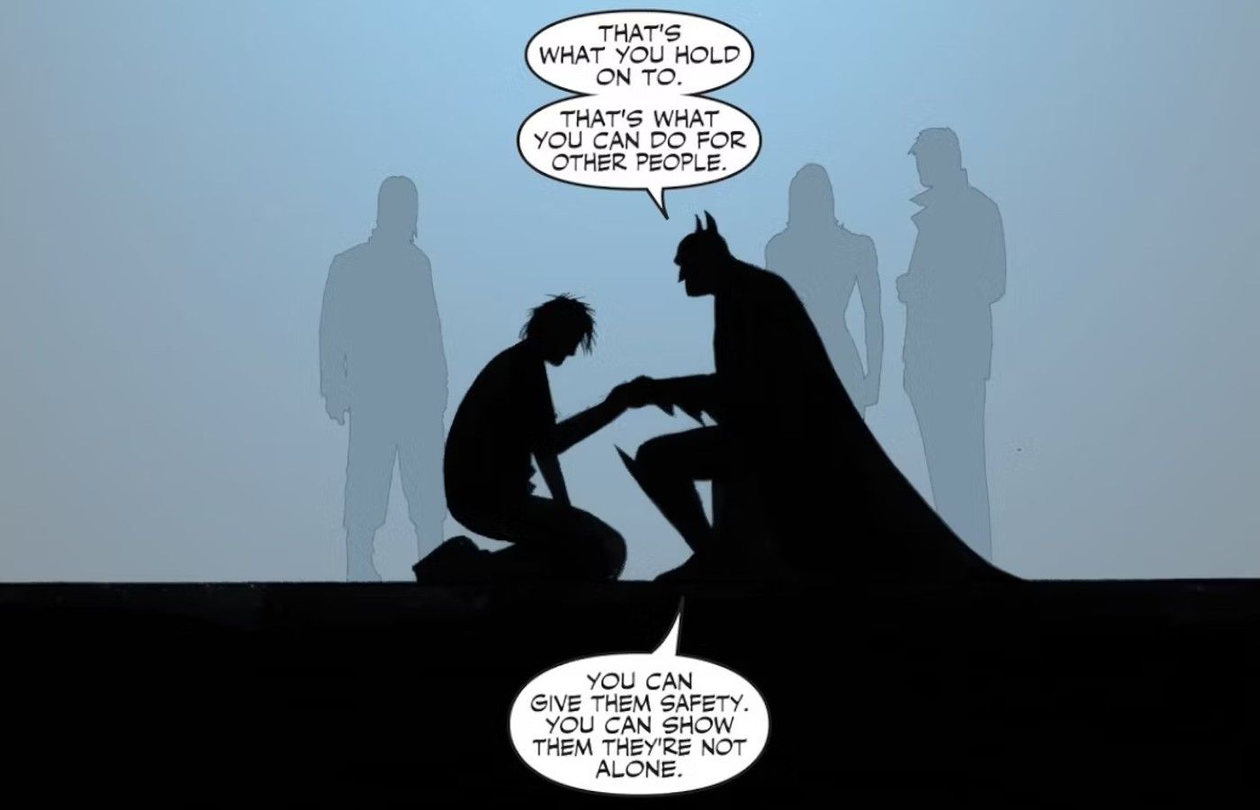 Comic book panel: Batman kneels before a boy in order to help him.