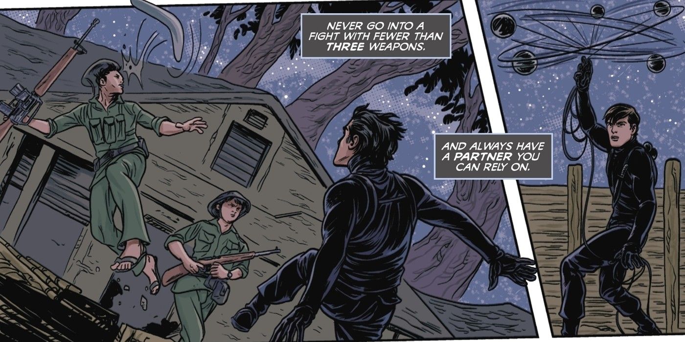 Two panels of Bruce Wayne fighting in the jungle.