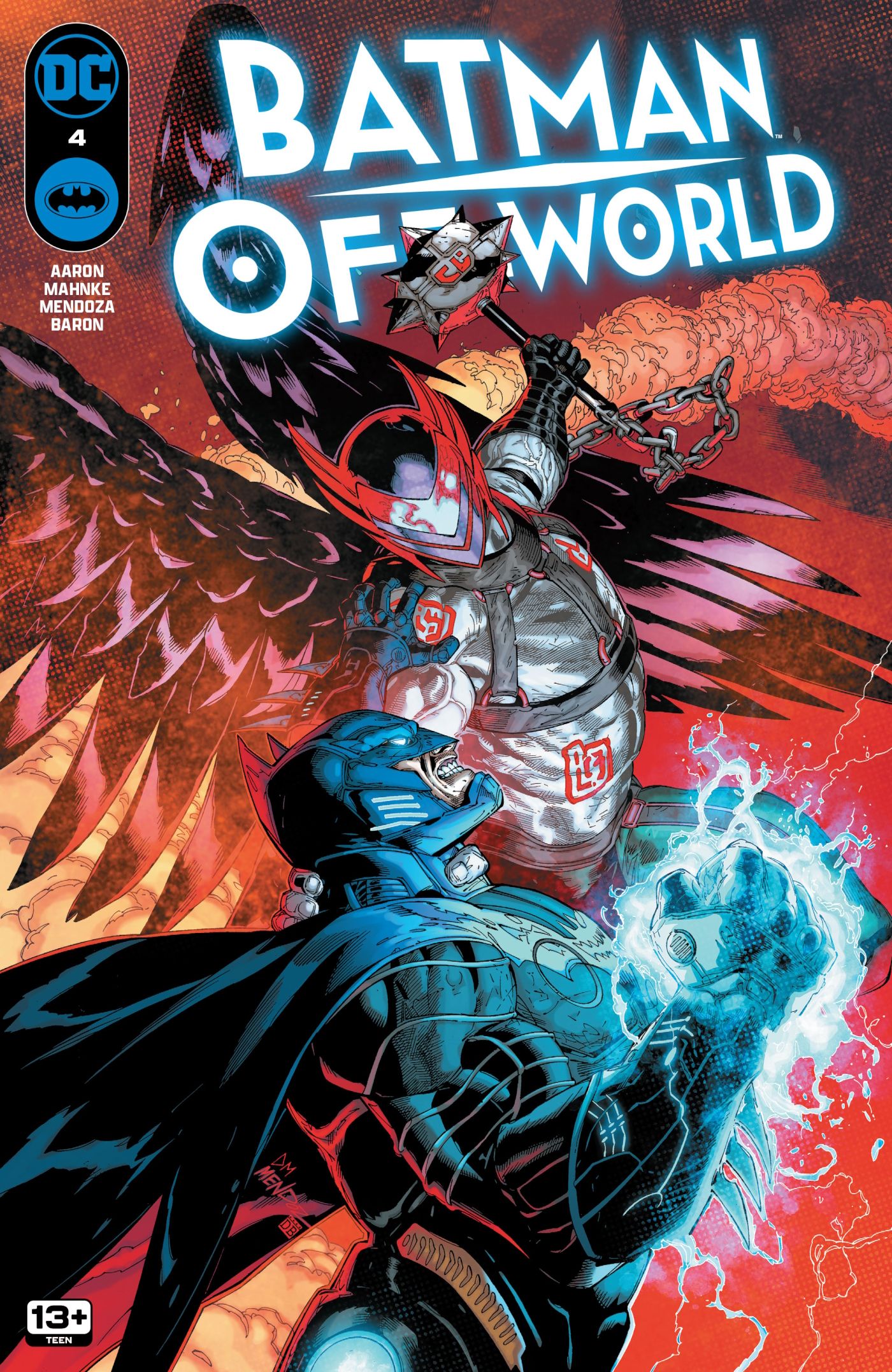 capa para Batman: Off World #4, o punho de Batman surgindo com energia enquanto um inimigo se aproxima, pronto para atacar.