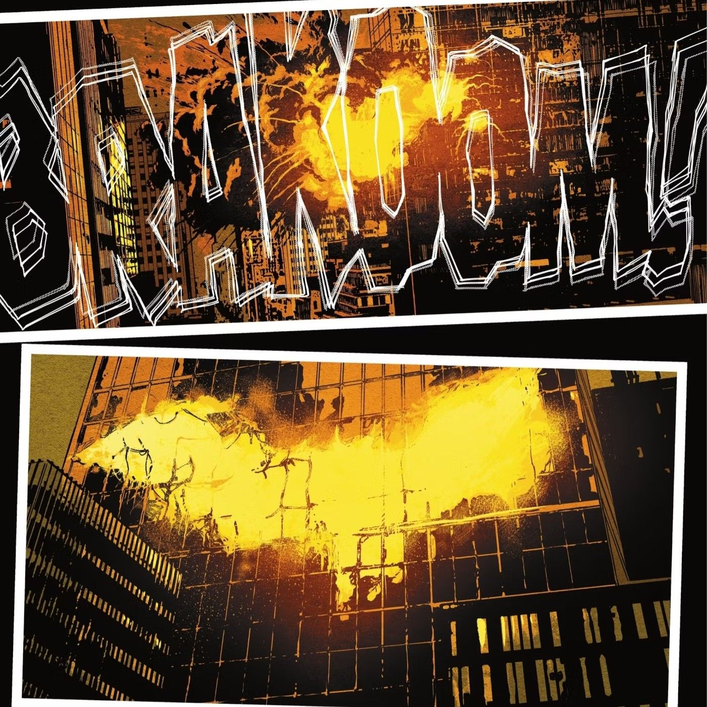 Painéis de quadrinhos: o símbolo do Batman aparece em chamas após a explosão de um prédio.