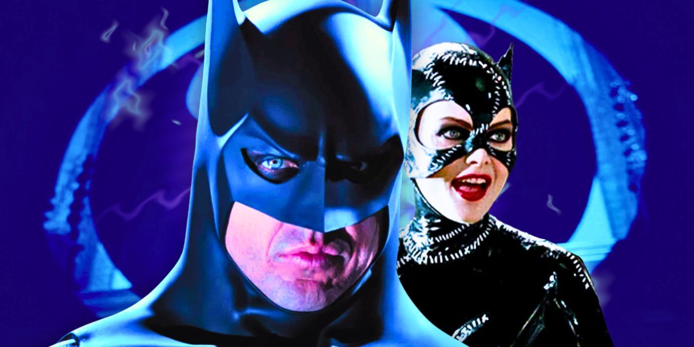 Split image of Michael Keaton as Batman and Michelle Pfeiffer as Catwoman in front of a large Batsignal