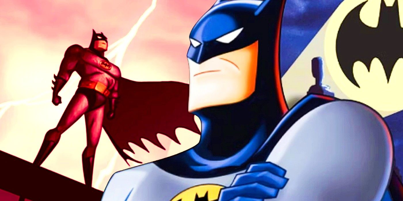 Batman The Animated Series: Batman with his arms crossed in front of the red Batman with lightning.