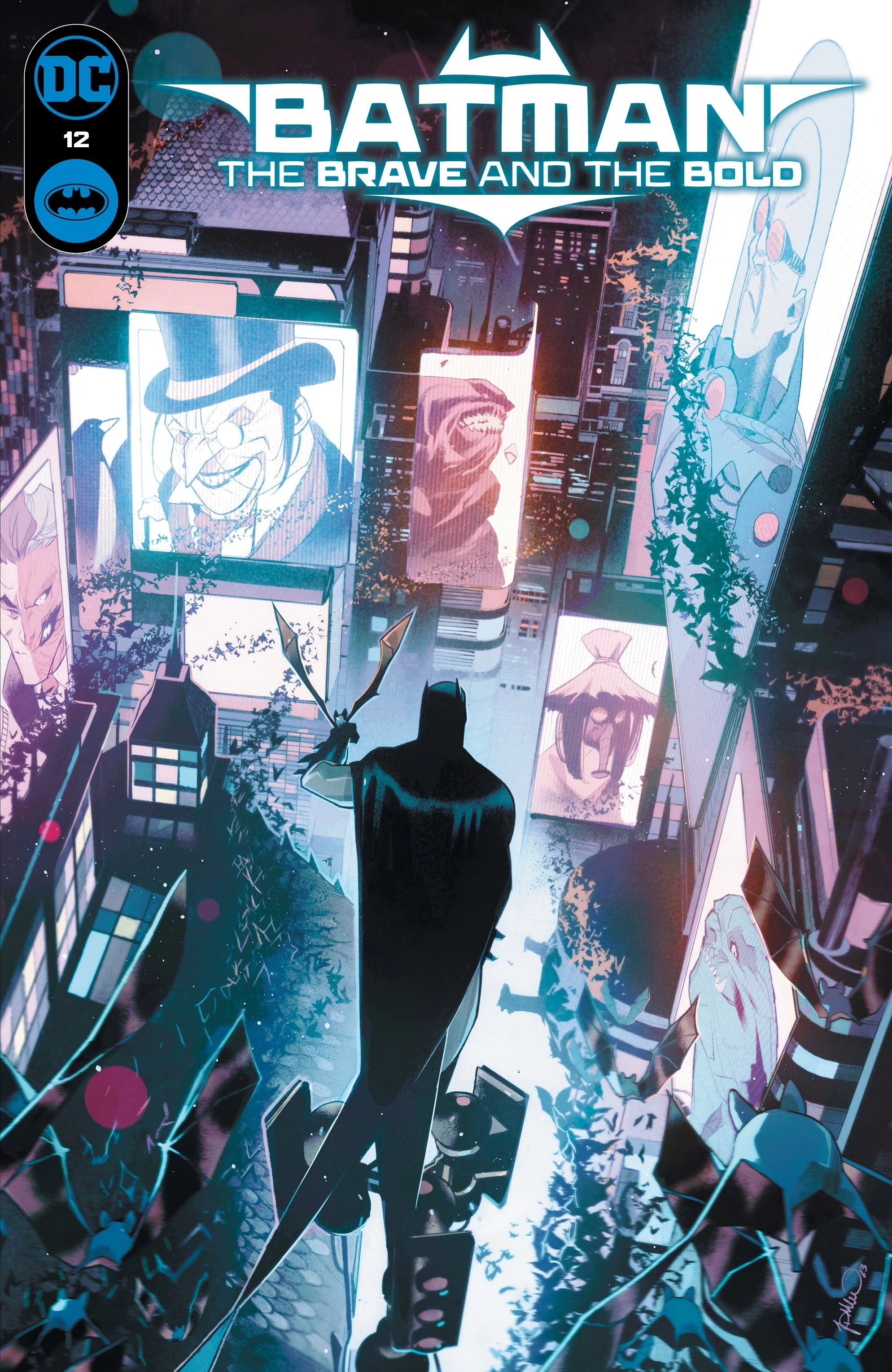Batman está no topo de um semáforo, olhando para o centro de Gotham iluminado por telas exibindo seus inimigos.