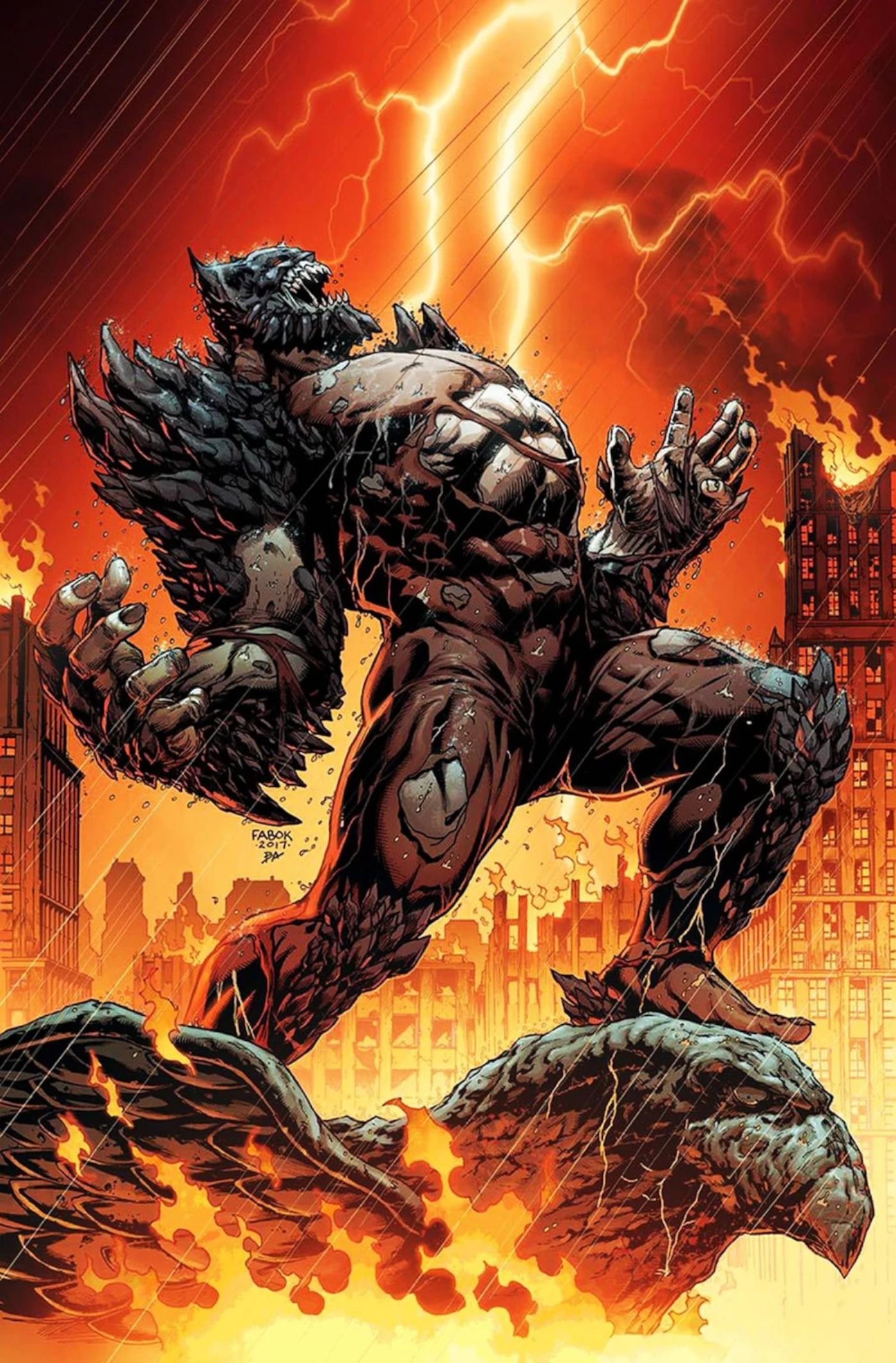 Comic book art: Batman as a Doomsday-like monster in front of a burning Gotham.