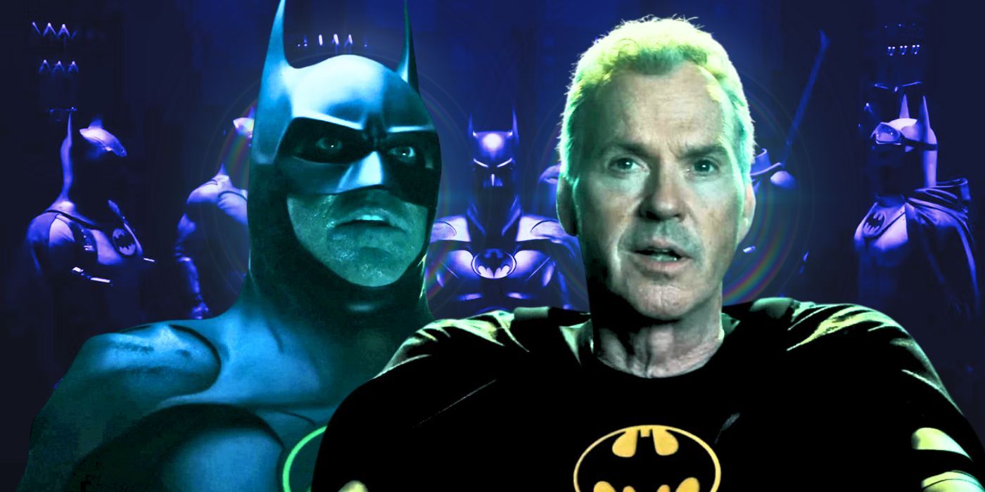 Michael Keaton as batman in the flash with and without his mask in front of batman suits