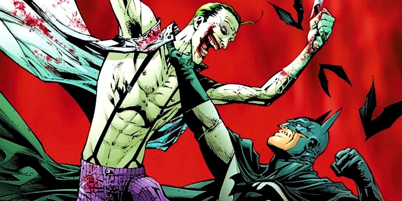 Comic book art: Batman grabs Joker by the neck.