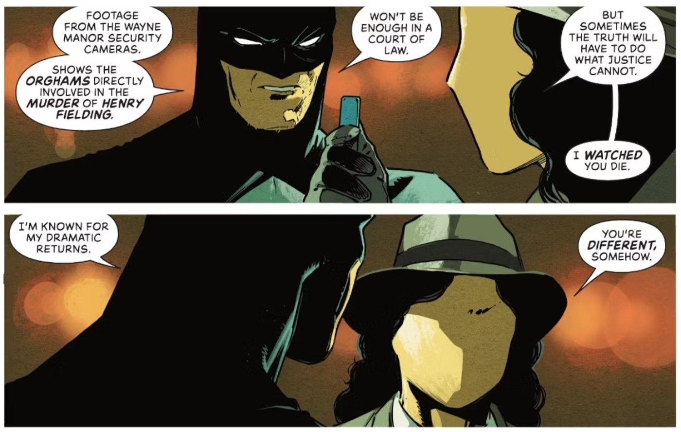 Painéis de quadrinhos: Batman conversa com a Questão Renee Montoya.