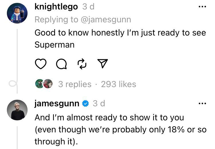 On Threads, Gunn said that Superman is 18% done and that he is almost ready to show the first look at Corenswet's Man of Steel.
