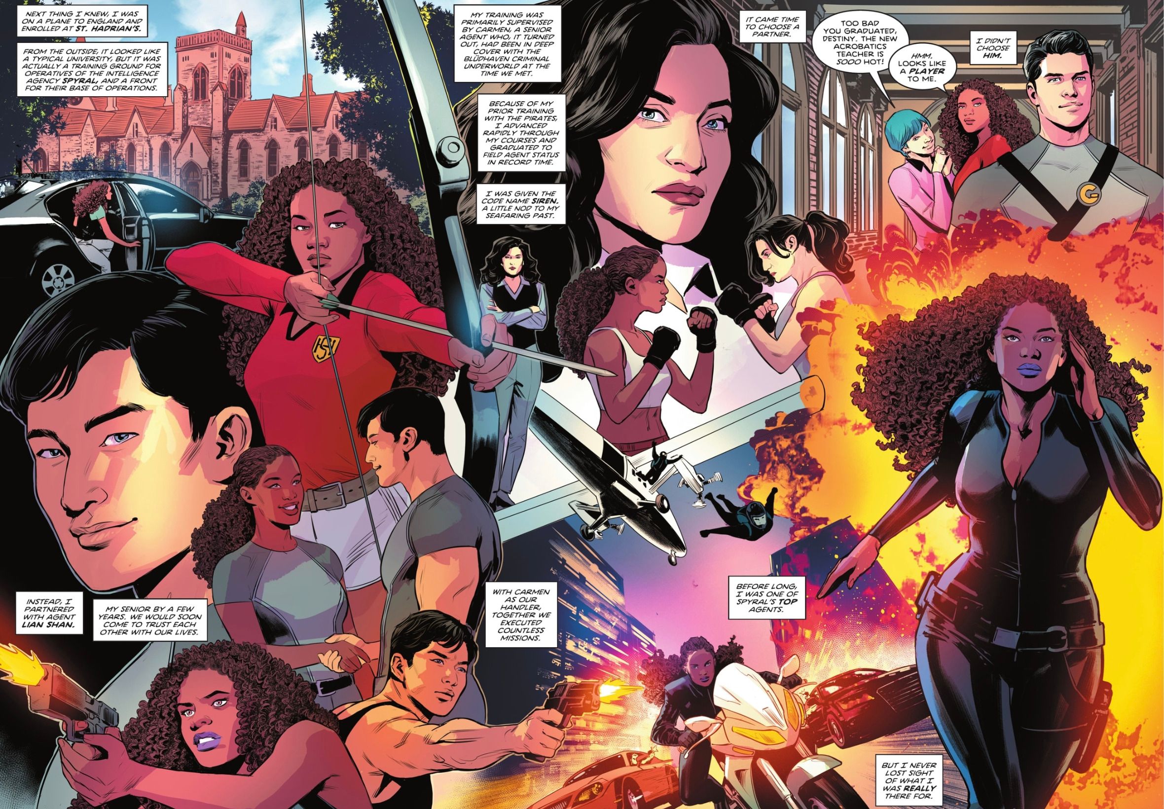 Splash page detailing Beau Bennett&rsquo;s backstory, with many different overlapping images from her life.