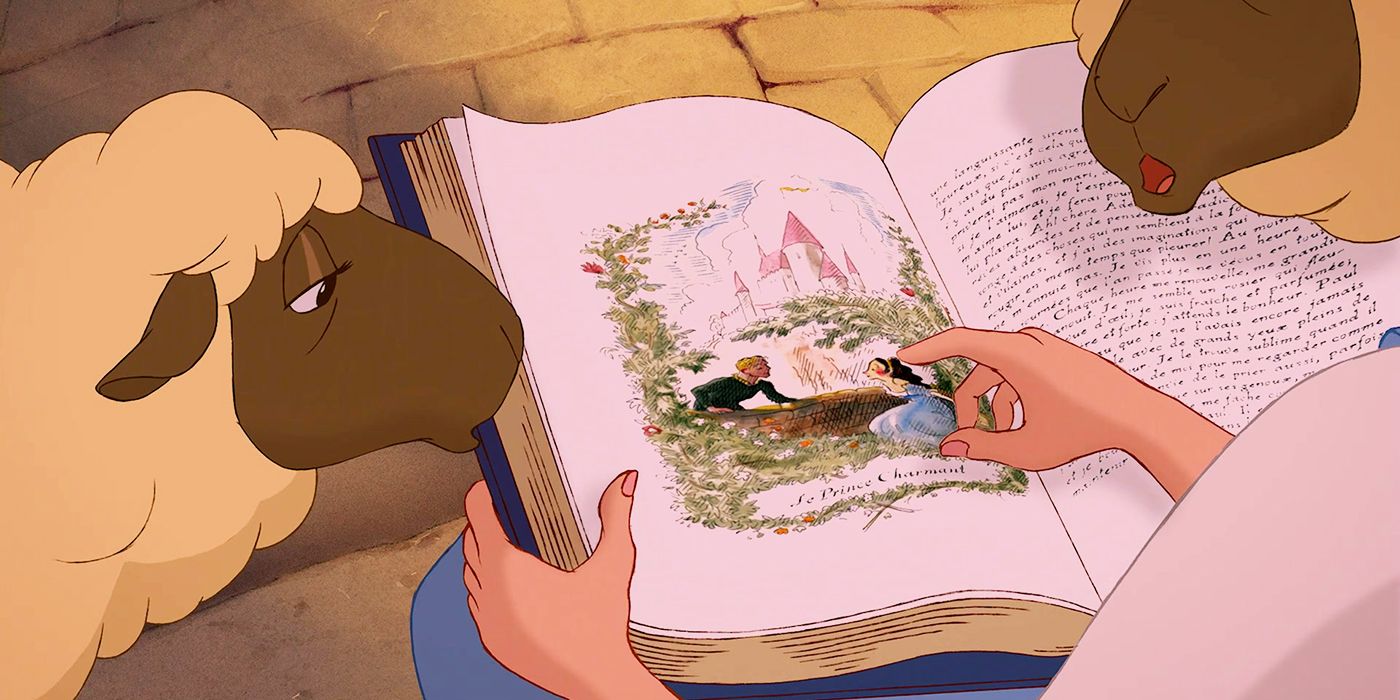 Beauty and the Beast 1991 Belle showing her favorite book to the sheep
