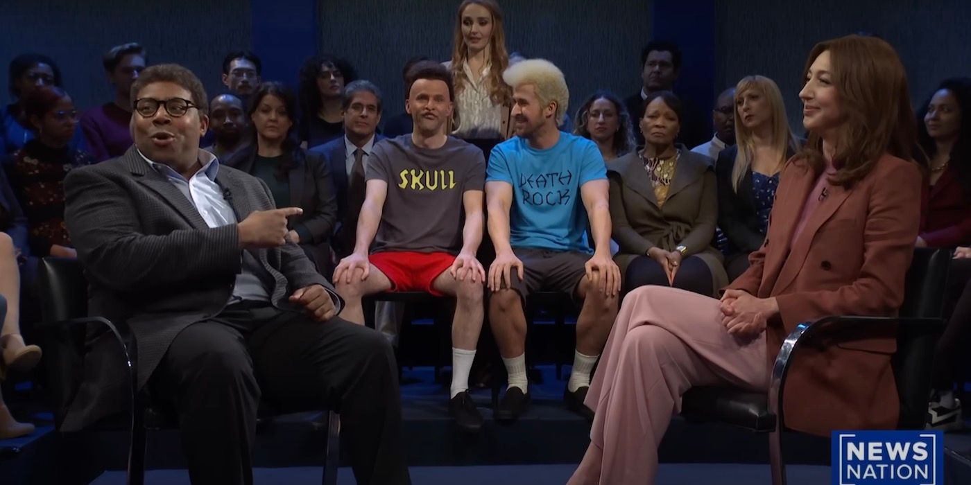 Mikey Day and Ryan Gosling are dressed as Beavis and Butt-Head and sitting next to one another.