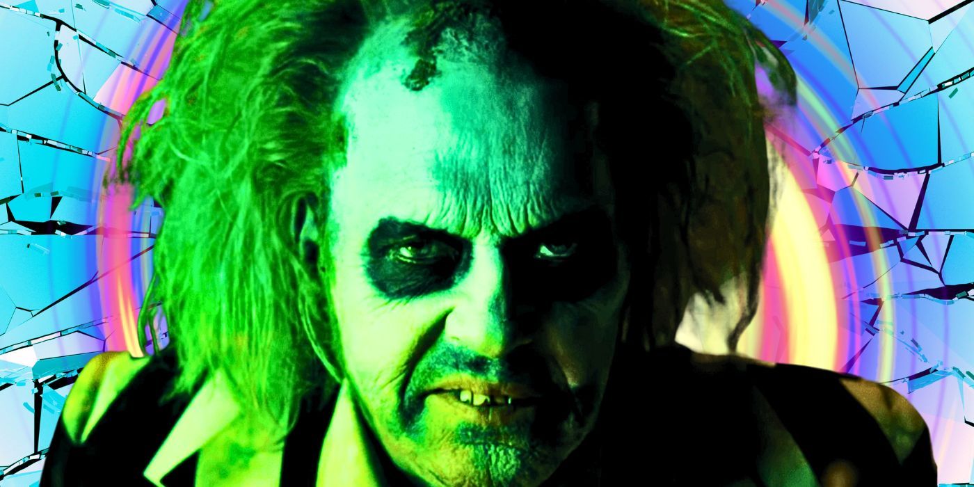 Michael Keaton as Betelgeuse in Beetlejuice 2 with a glass shattered background