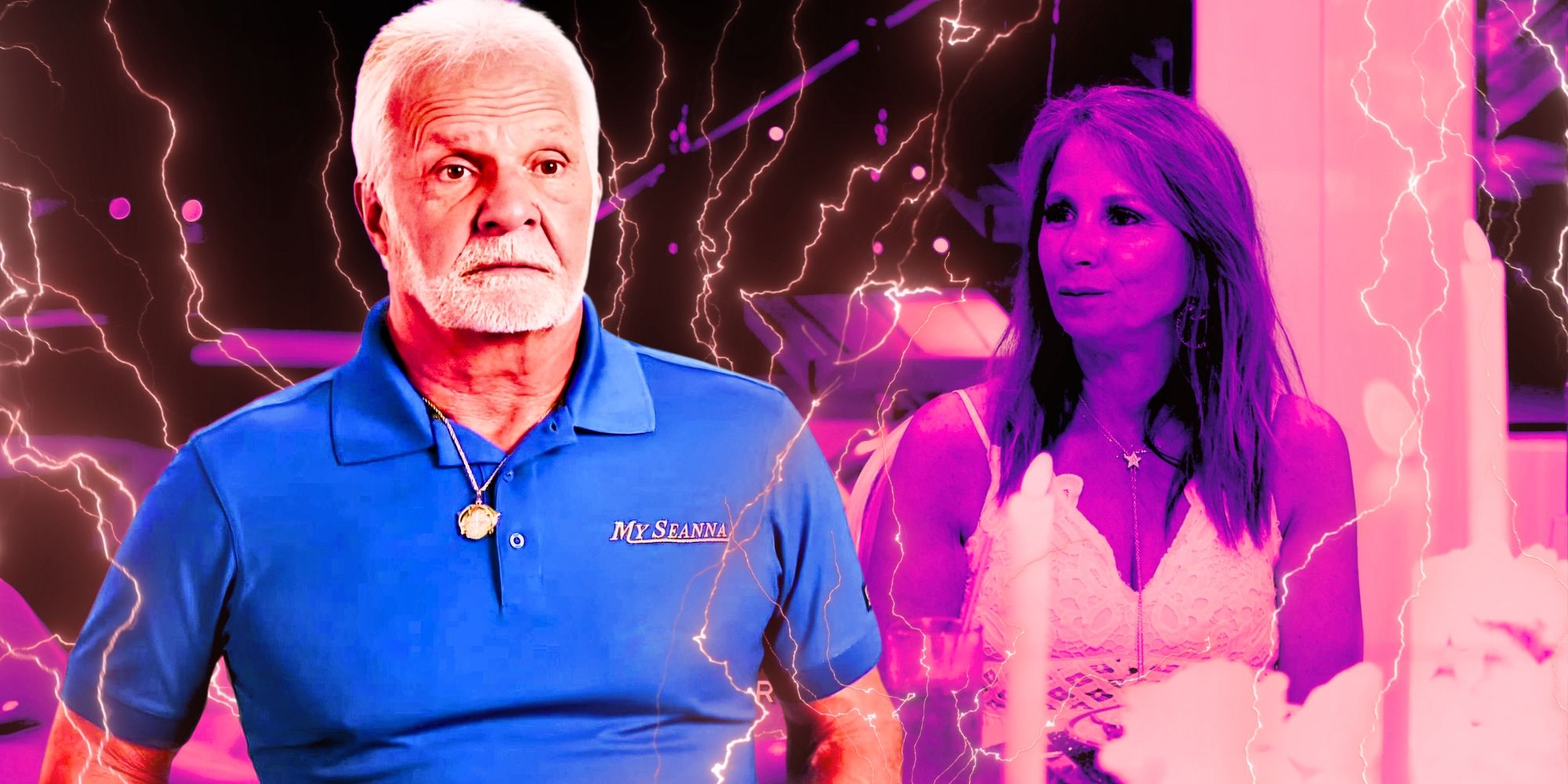 Below Deck's Captain Lee & Jill Zarin looking serious, surrounded by lightning