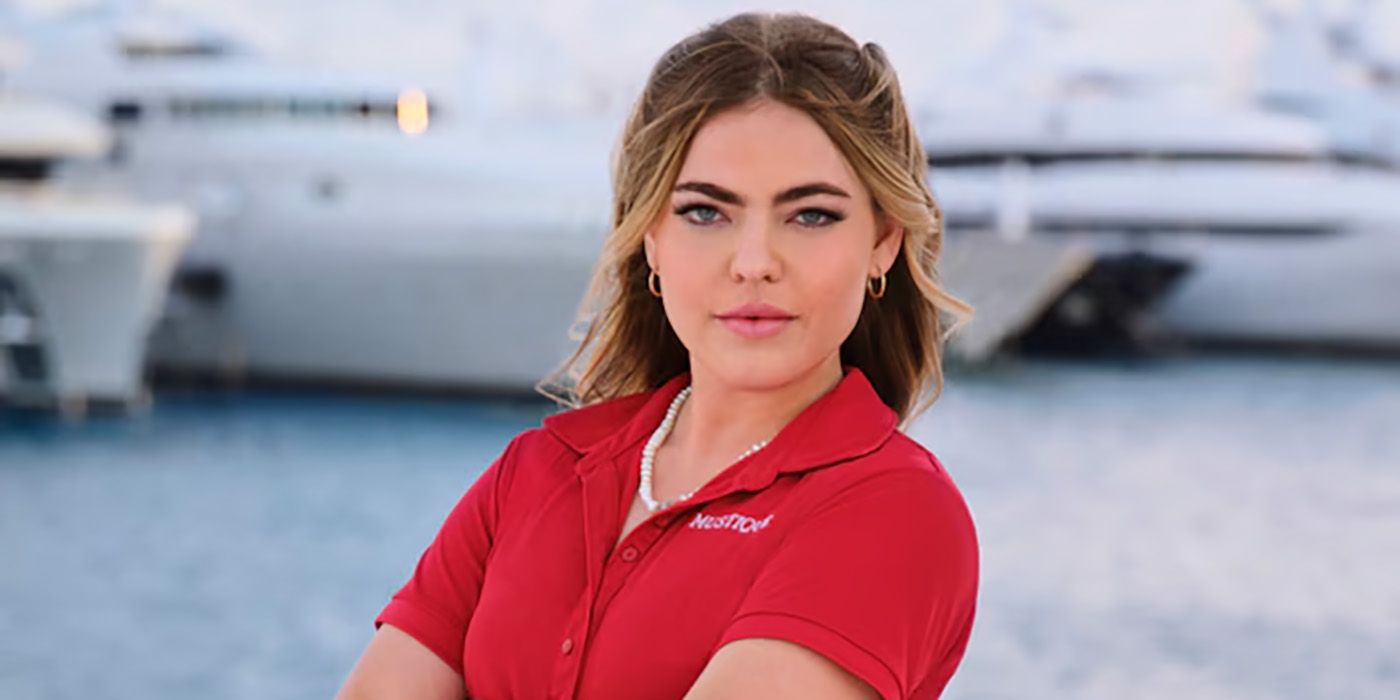 Headshot of Below Deck Med's Bri Muller wears her red shirt in a promo photo