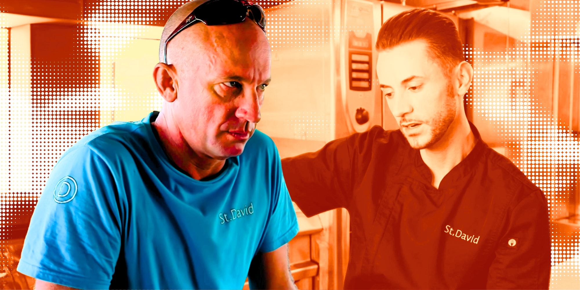 Below Deck’s Captain Kerry looking angry and Chef Anthony in the kitchen orange filtered background