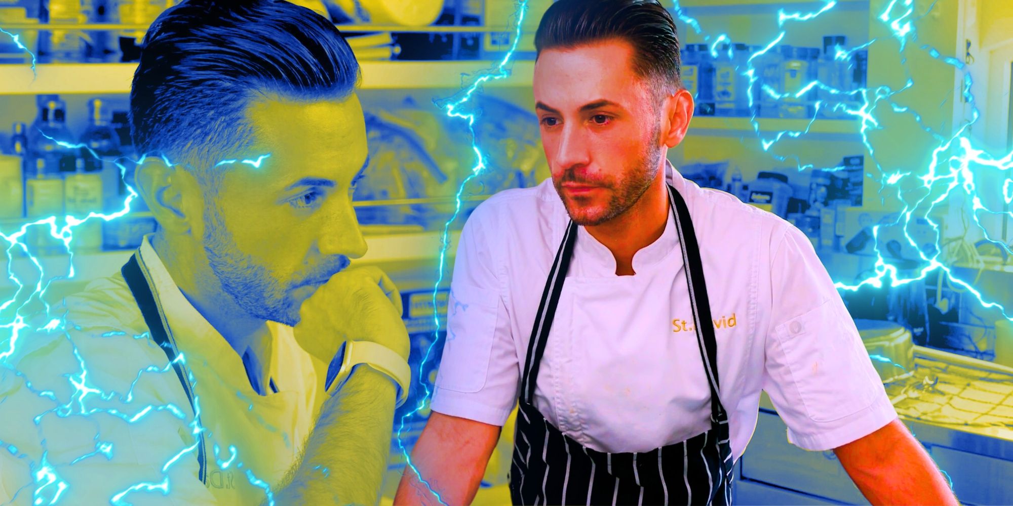 Below Deck Season 11’s Chef Anthony montage with blue and green filtered background and neon lightning strikes