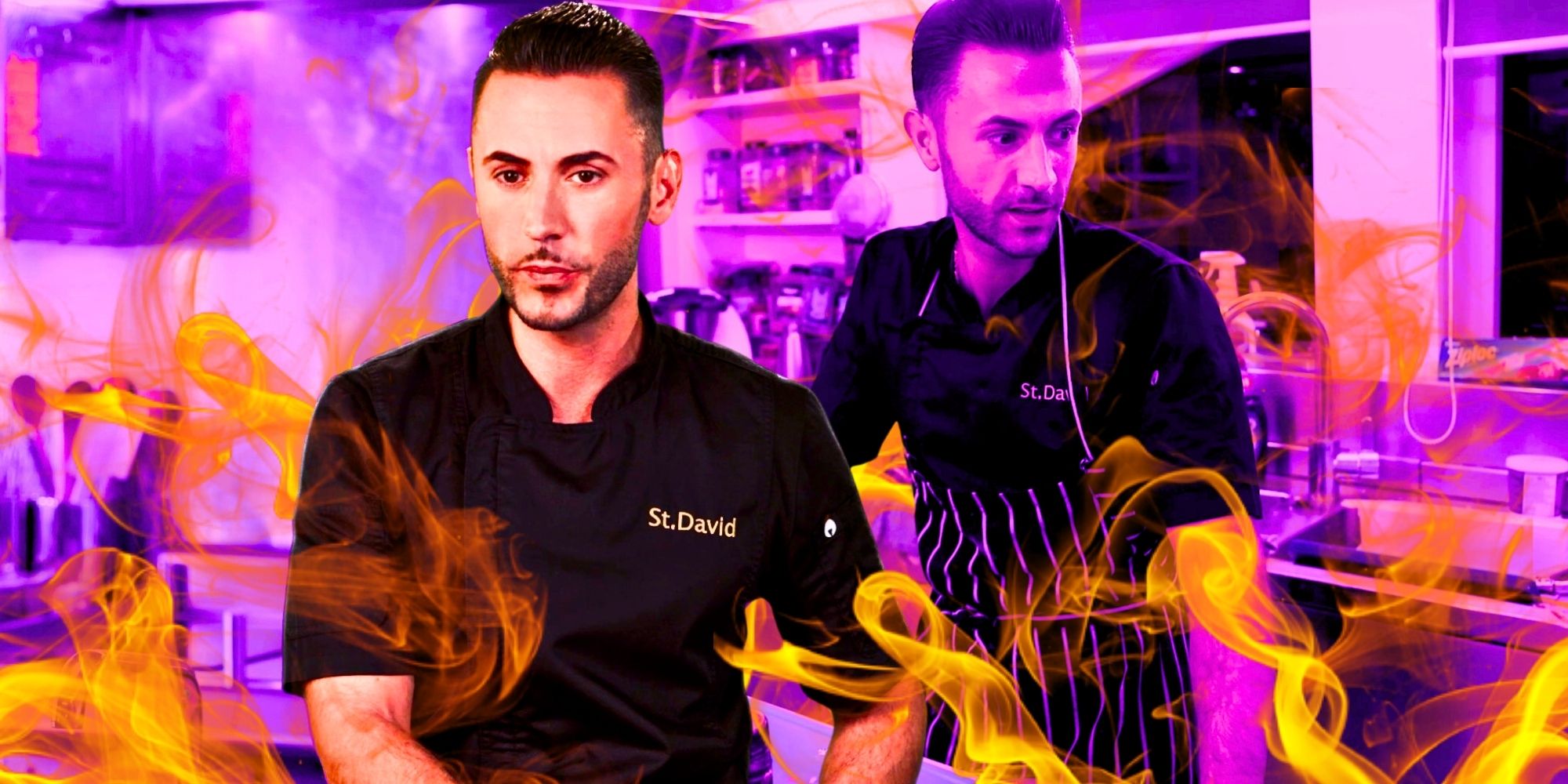 Below Deck Season 11 montage of Chef Anthony with fire purple filtered background