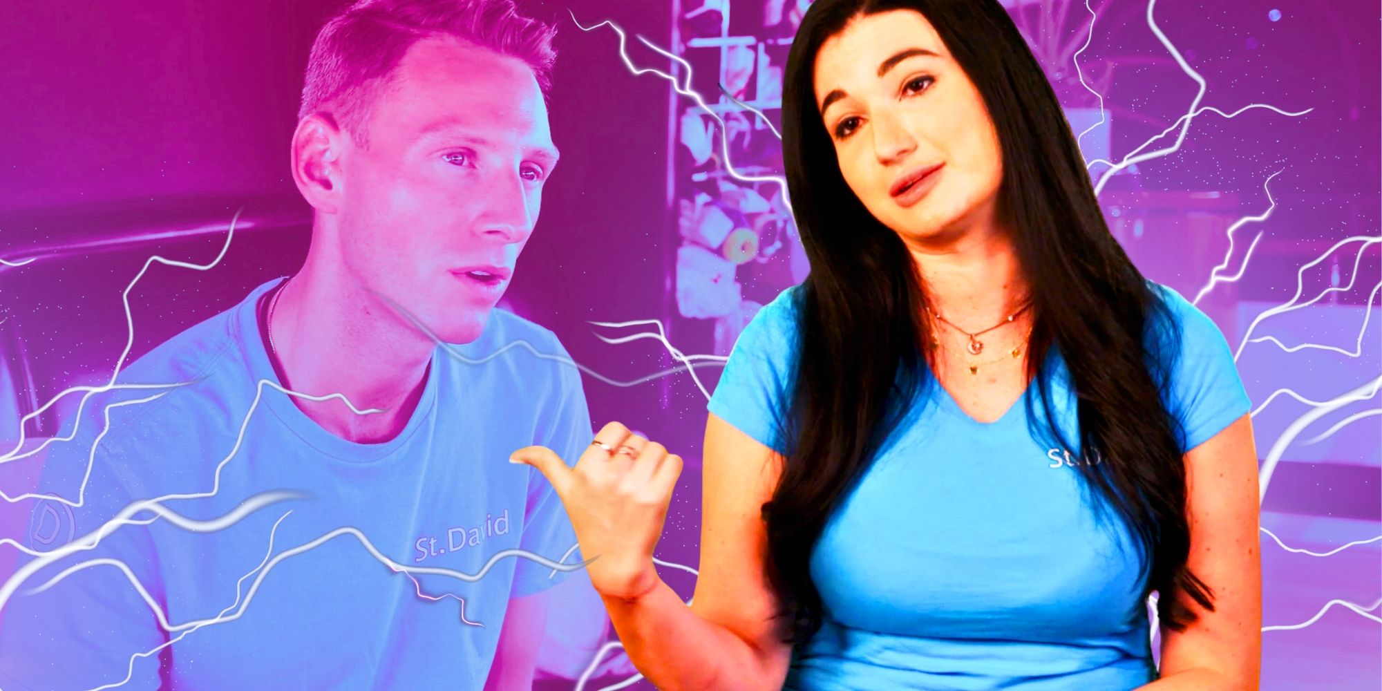 Fraser & Xandi from below deck in their blues surrounded by lightning and purple filtered background