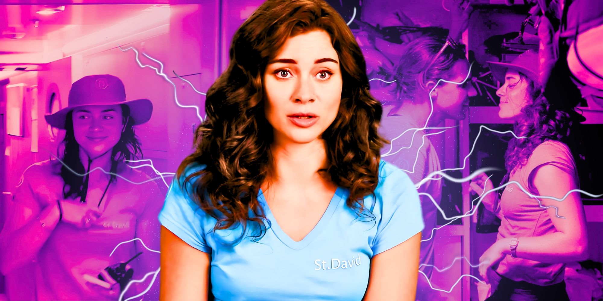 Below Deck Star Sunny Marquis with pink filtered background and lightning strikes