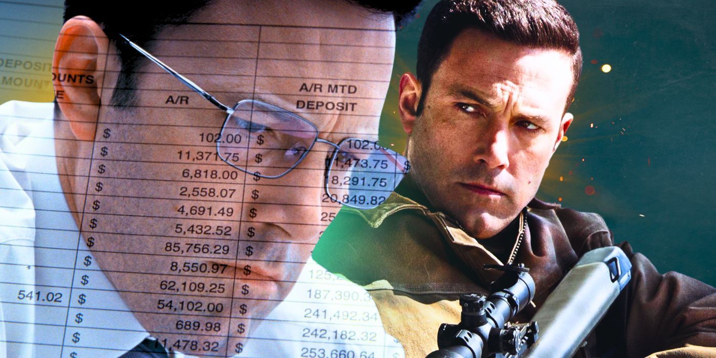 Ben Affleck as Christian looking at a balance sheet and Christian holding a large rifle in The Accountant