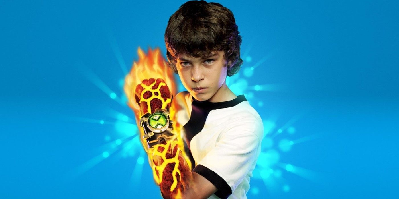 Ben (Graham Phillips) holds up a flaming arm in Ben 10 Race Against Time.