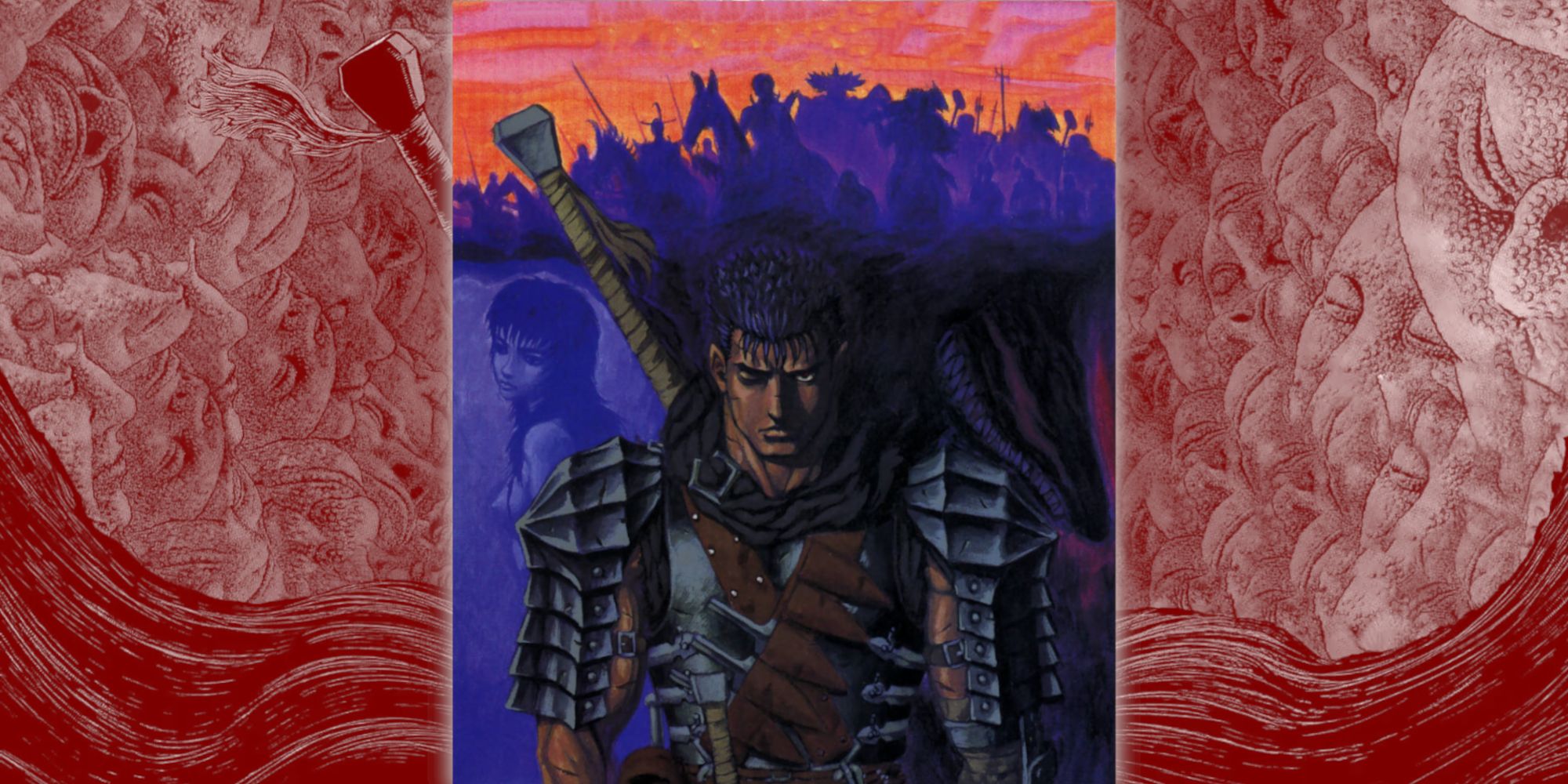 A collage style image featuring official manga art from Berserk, with a full color art spread of Guts in the center of the image.