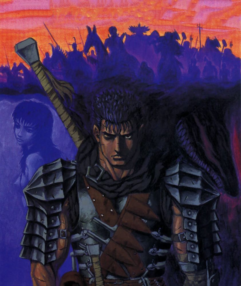 Arte da capa do volume 23 de Berserk retratando Guys em frente a um fundo de personagens secundários, incluindo Casca, iluminados pela cor azul.