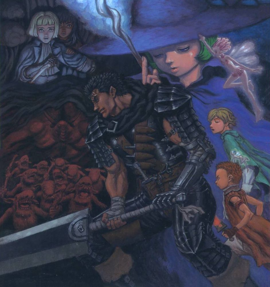 Arte da capa do volume 25 de Berserk, de Guts empunhando sua espada enquanto está cercado por uma variedade de personagens secundários.