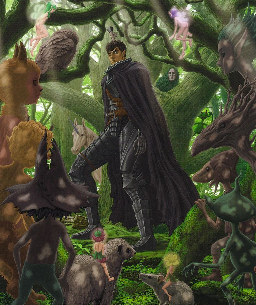 Best Berserk Manga Covers Vol 39 apresentando uma ilustração de Guts em Elfhelm, cercado por florestas verdes exuberantes.