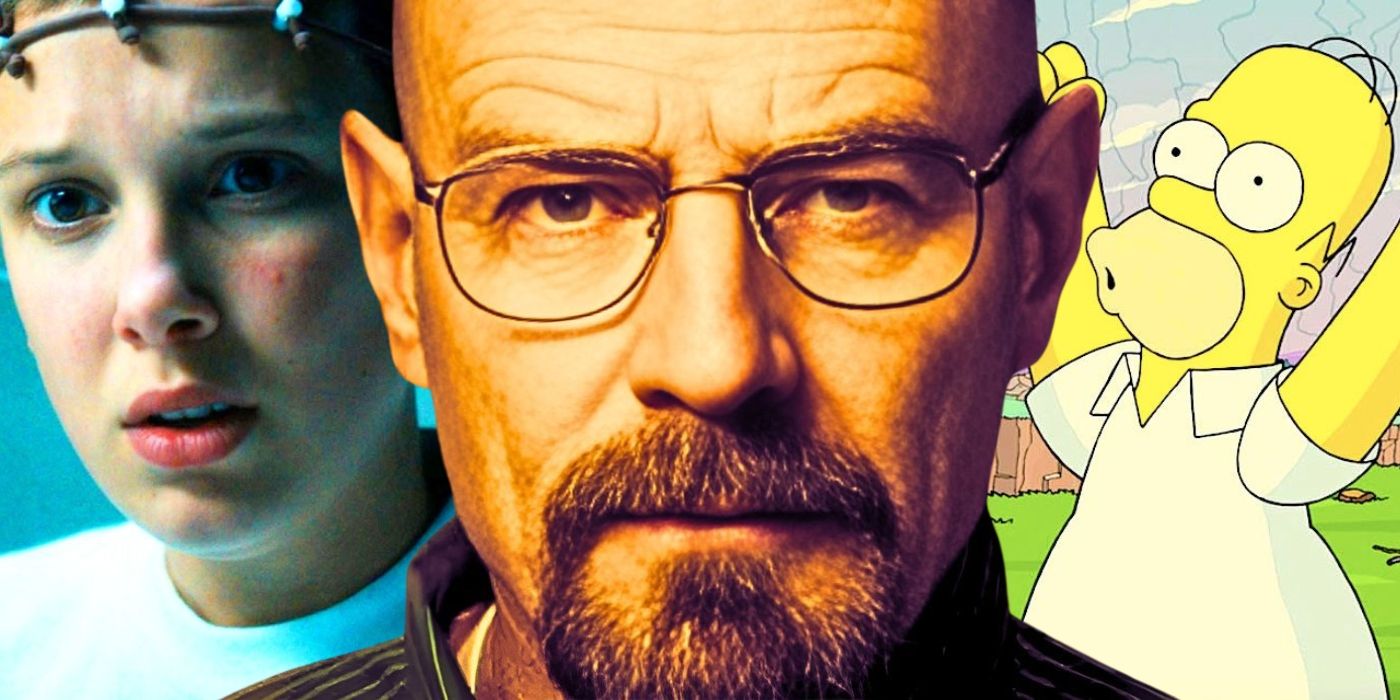 A Collage Image of 11 from Stranger Things, Walter White from Breaking Bad, and Home Simpson from The Simpsons - created by Thomas Russell