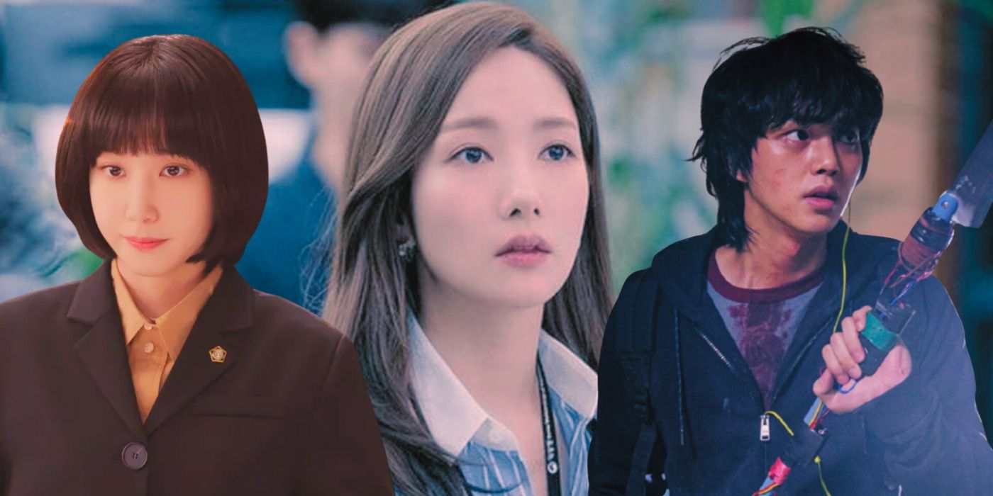 A collage of images features characters from the K-dramas Extraordinary Attorney Woo, Love and Weather, and Sweet Home