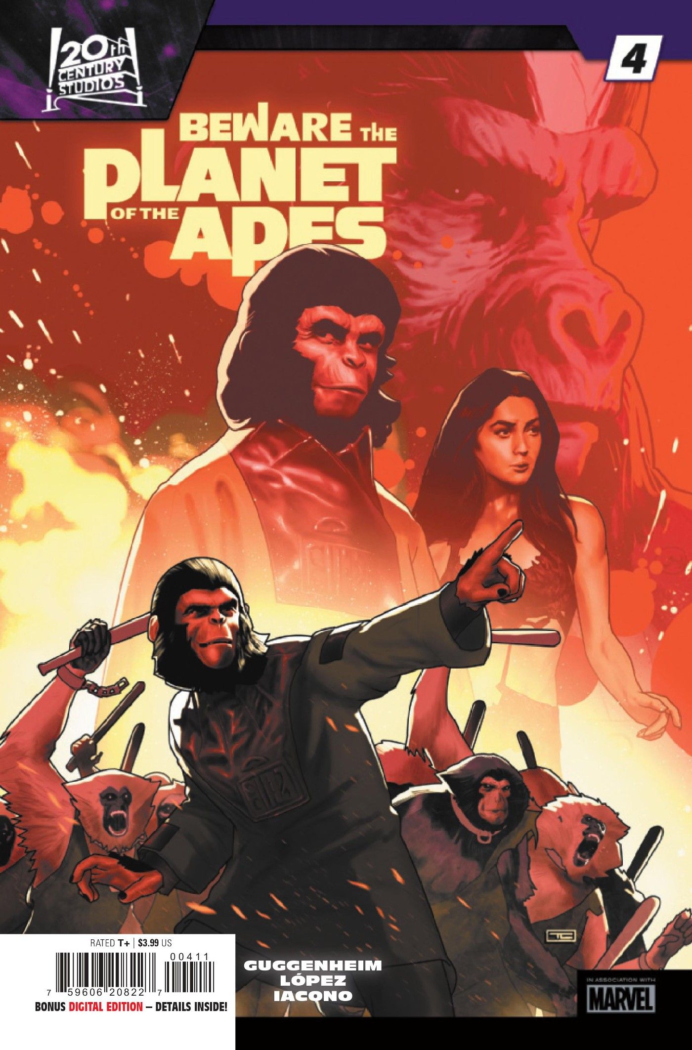 Cuidado com a capa do Planeta dos Macacos # 4, Zira liderando um exército de bonobos rebeldes em um cenário de fogo
