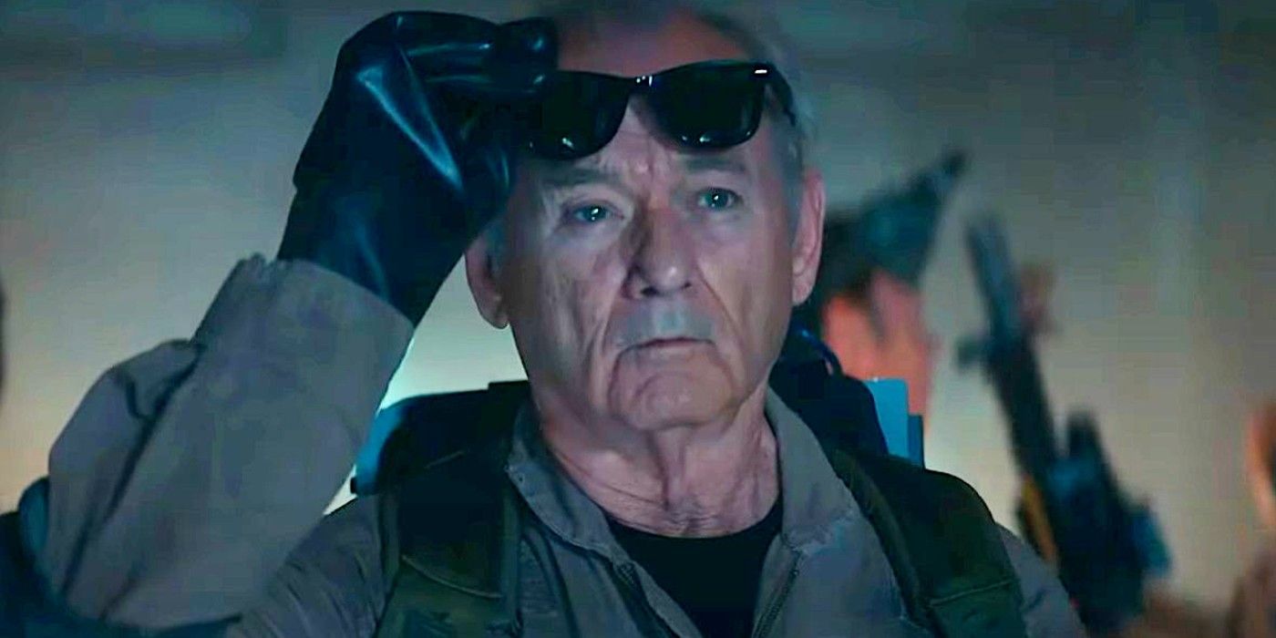 Bill Murray in Ghostbusters Frozen Empire lifting sunglasses off his face