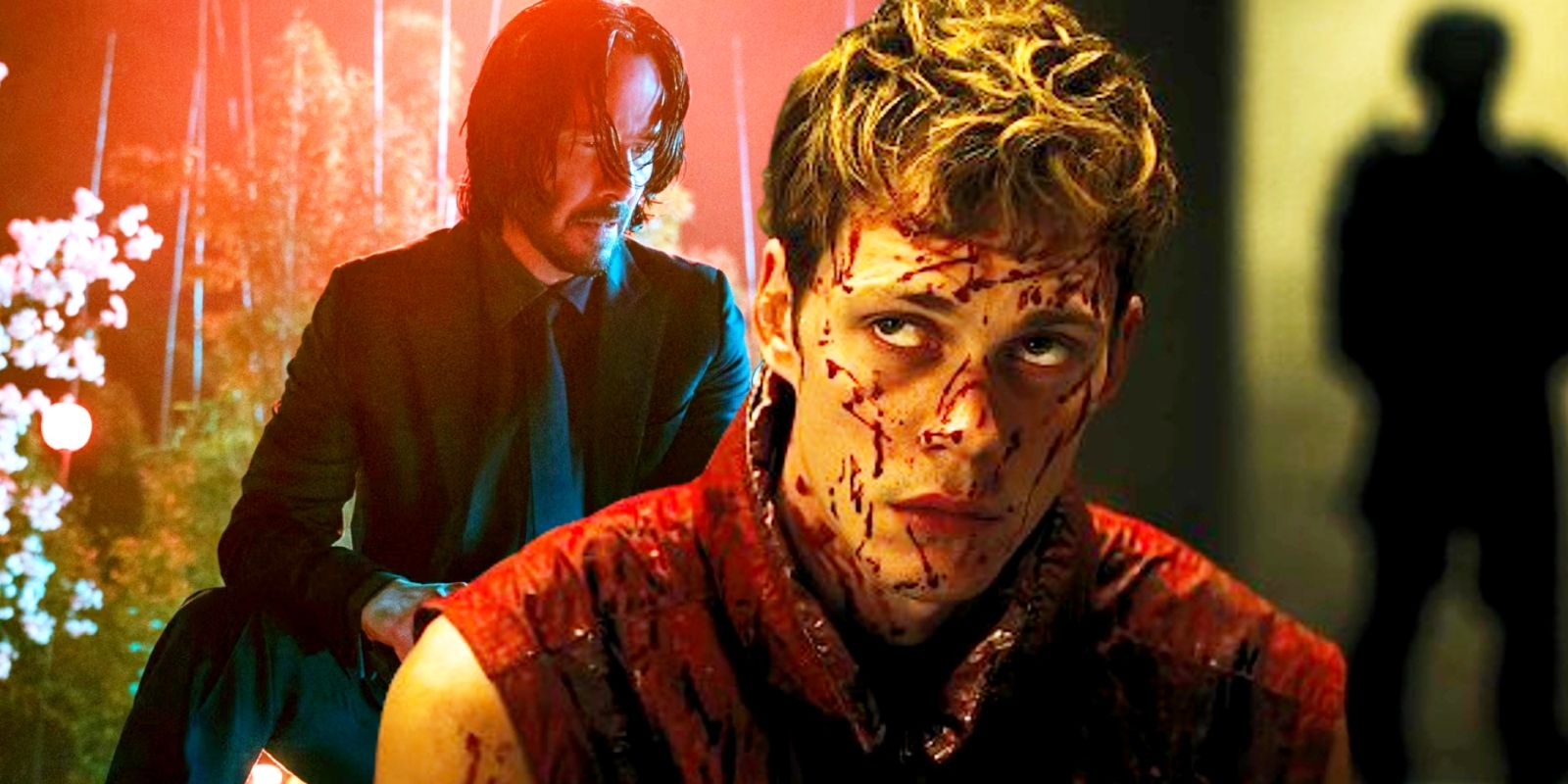 Bill Skarsgard bloodied up in Boys Kills World juxtaposed with Keanu Reeves in John Wick 4