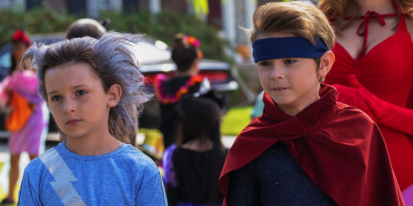 Billy and Tommy Maximoff as Wiccan and Speed in Halloween costumes in WandaVision