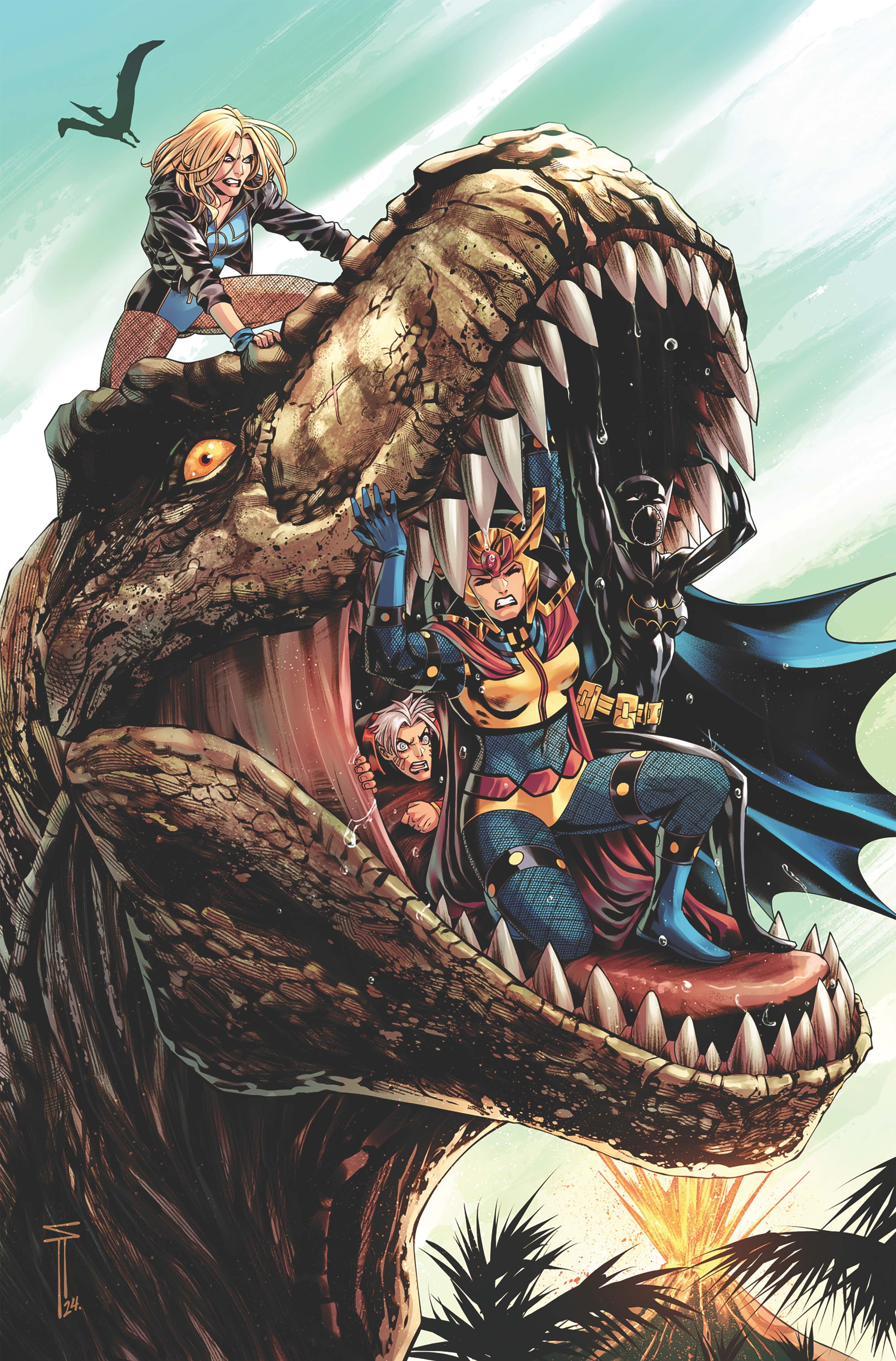 Capa da variante Acuna de Birds of Prey 11: Big Barda, Batgirl e Zealot dentro da boca de um dinossauro enquanto Canário Negro está em sua cabeça.