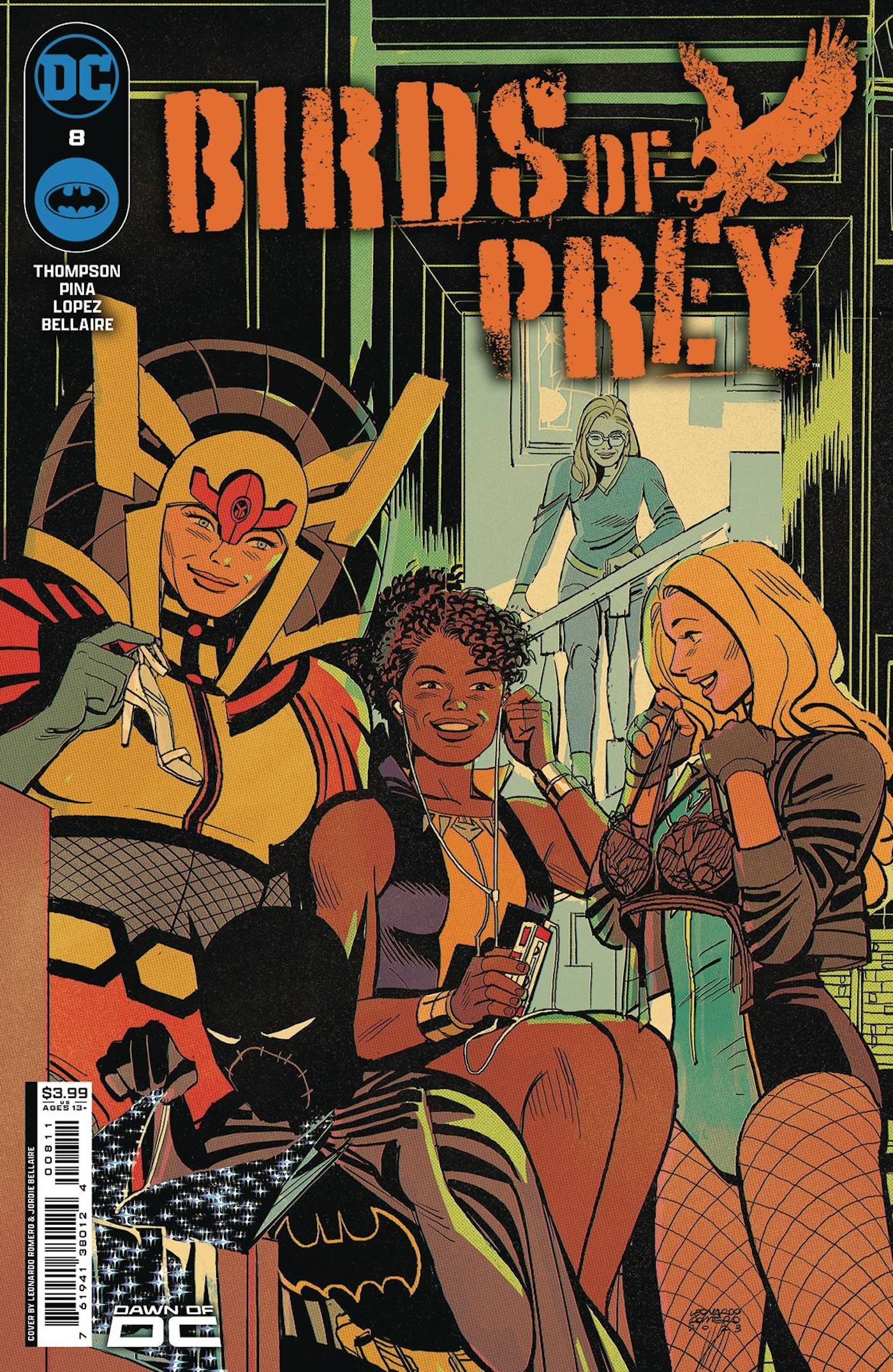 Birds of Prey 8 Main Cover: Big Barda, Vixen, Batgirl, and Black Canary look at clothes while smiling.