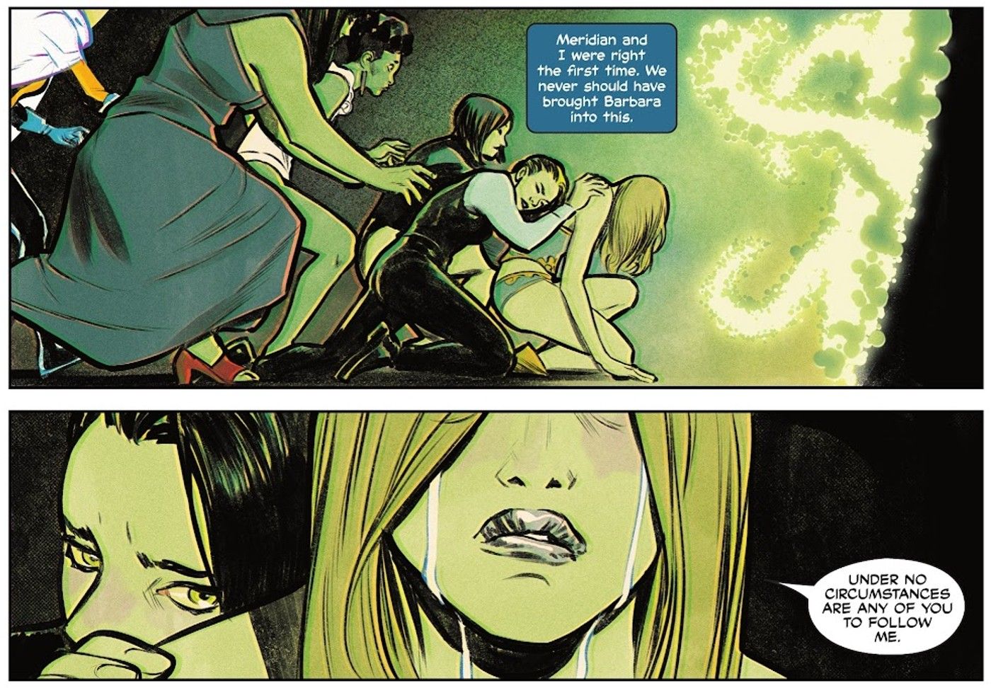 Comic book panels: the Birds of Prey comfort Black Canary as she cries.