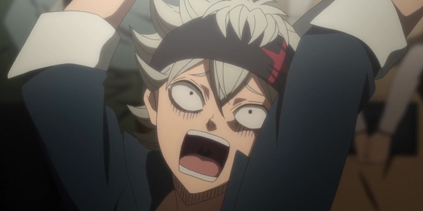 Captura de tela do anime Black Clover mostra Asta gritando e jogando os braços para o alto.