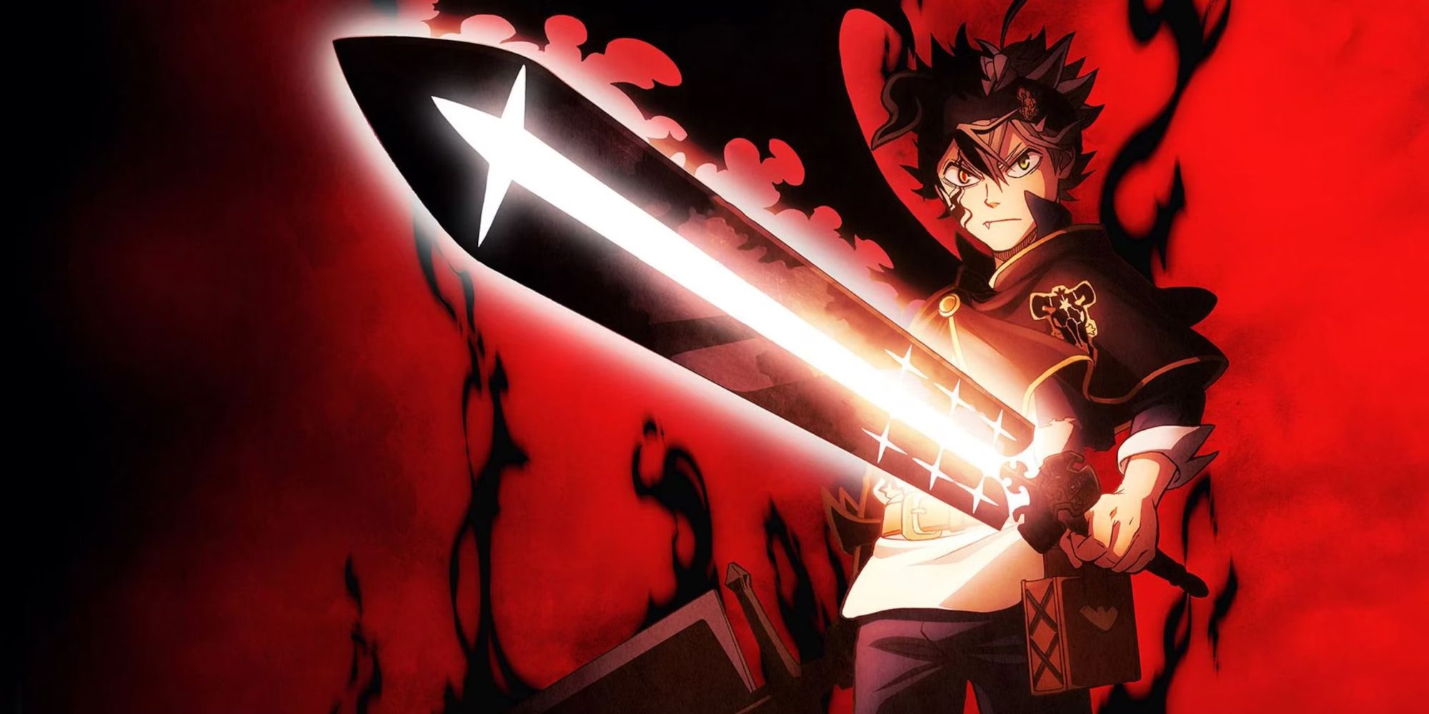 Image shows Black Clover's Asta holding two large swords oozing with black and white magic while black devil energy forms around him with a red background.