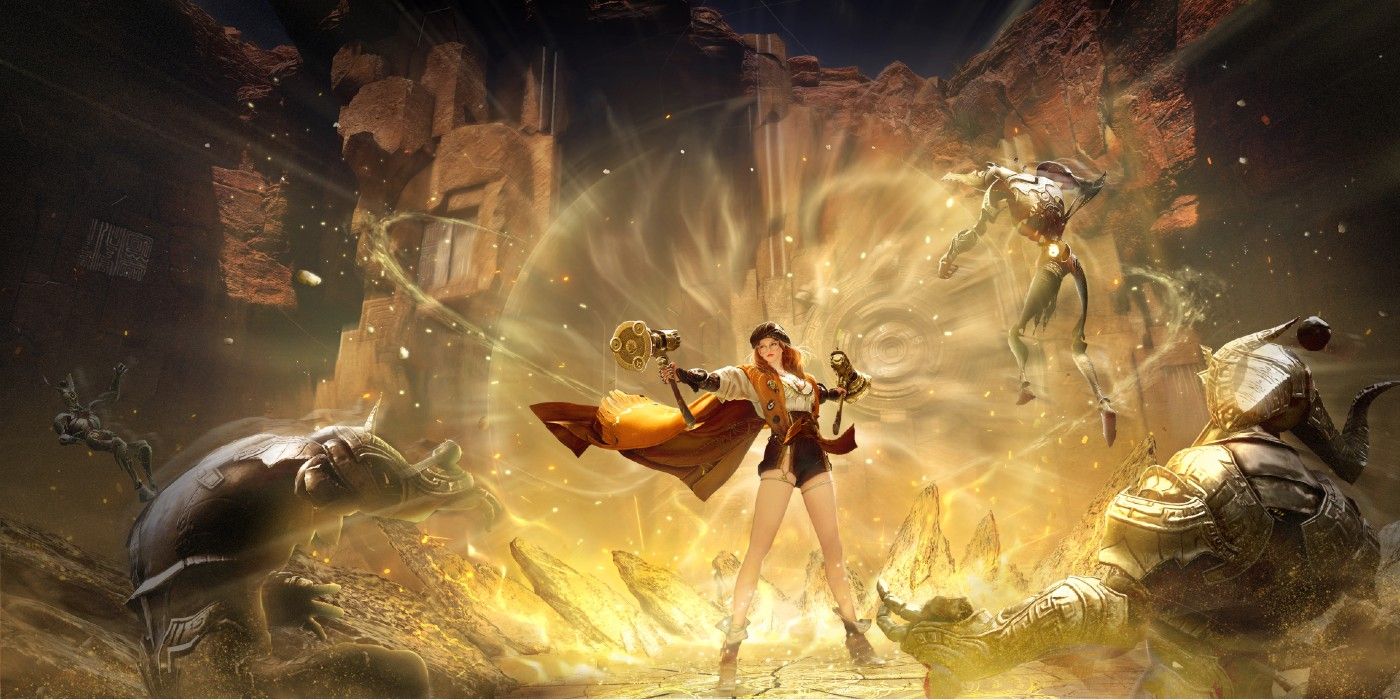 Black Desert Scholar character standing in golden light and holding weapons, animals and rocks surround her.