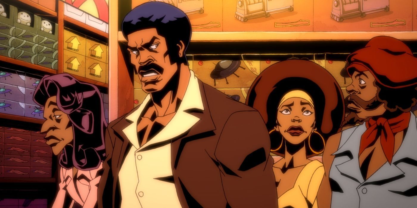 Black Dynamite&rsquo;s main characters in a scene from Black Dynamite.
