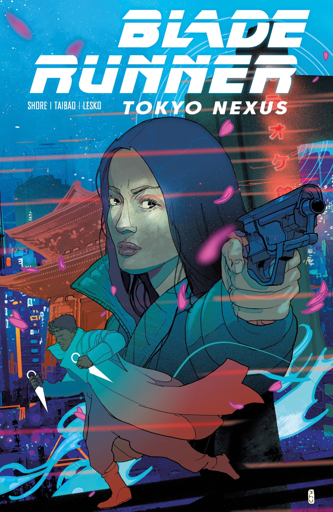 Uma mulher aponta uma arma enquanto uma figura corre na parte inferior da capa de Blade Runner Tokyo Nexus #1 com arte de Christian Ward