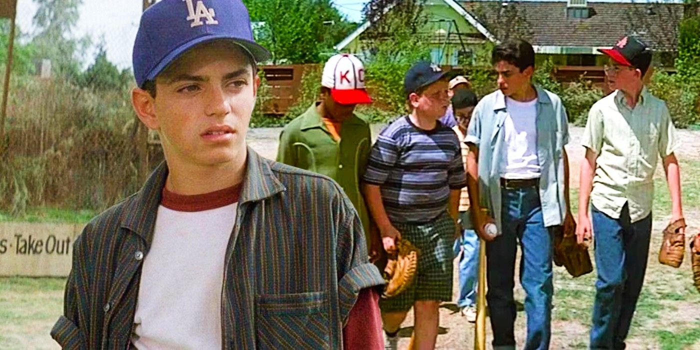 Blended image of Benny (Mike Vitar) and the rest of the Sandlot cast walking through a field