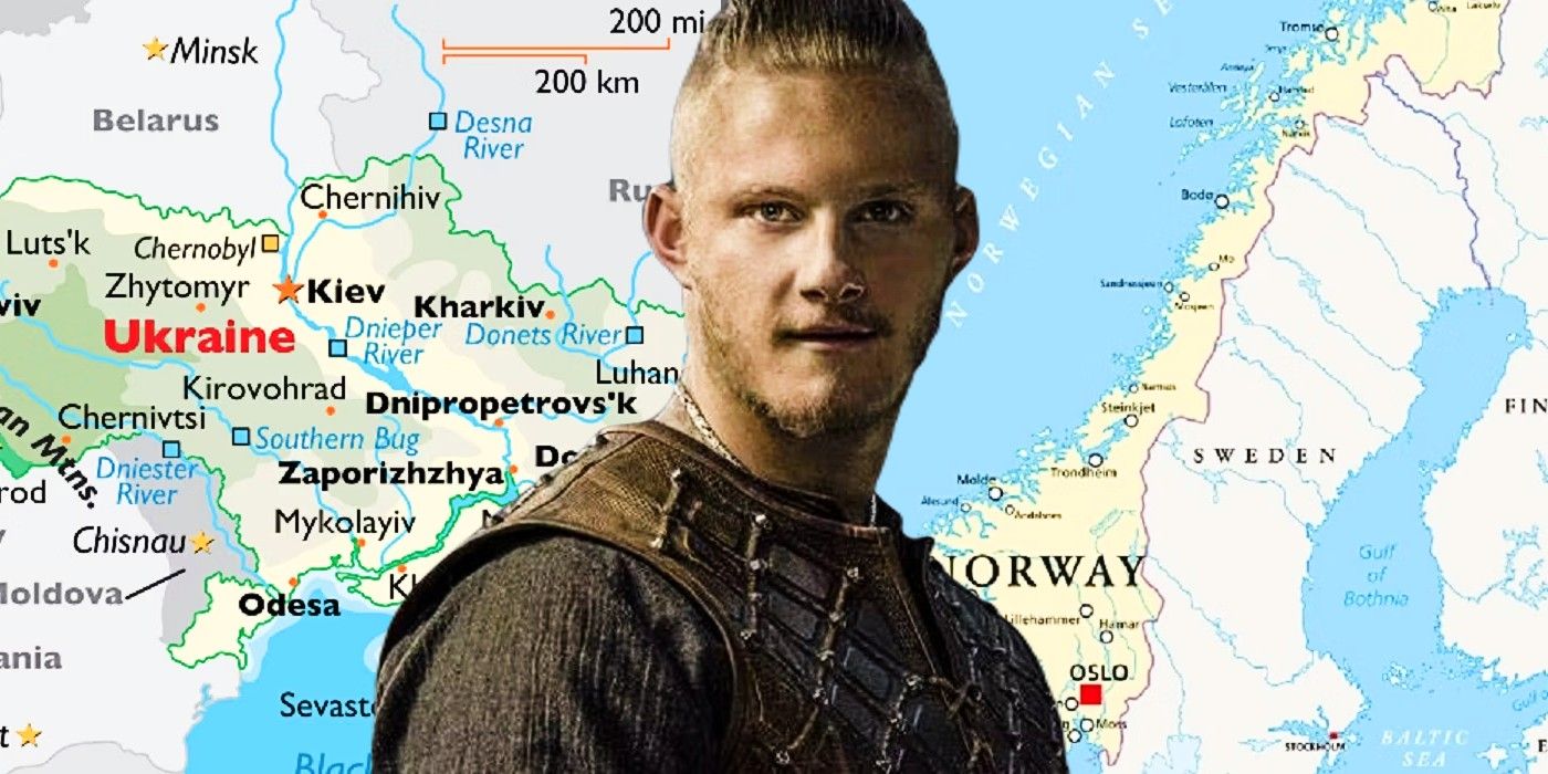 Blended image of Bjorn from Vikings and a world map