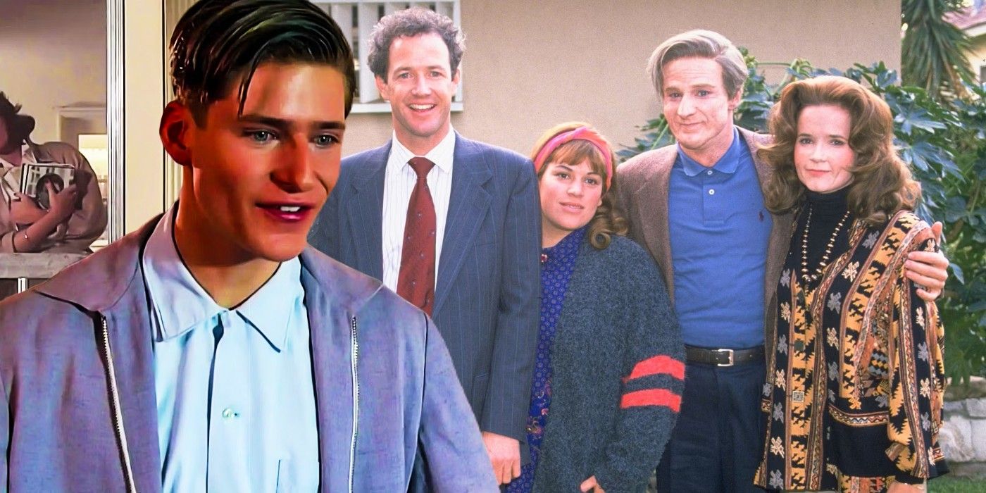 Blended image of Crispin Glover in Back to the Future and the cast of Part II